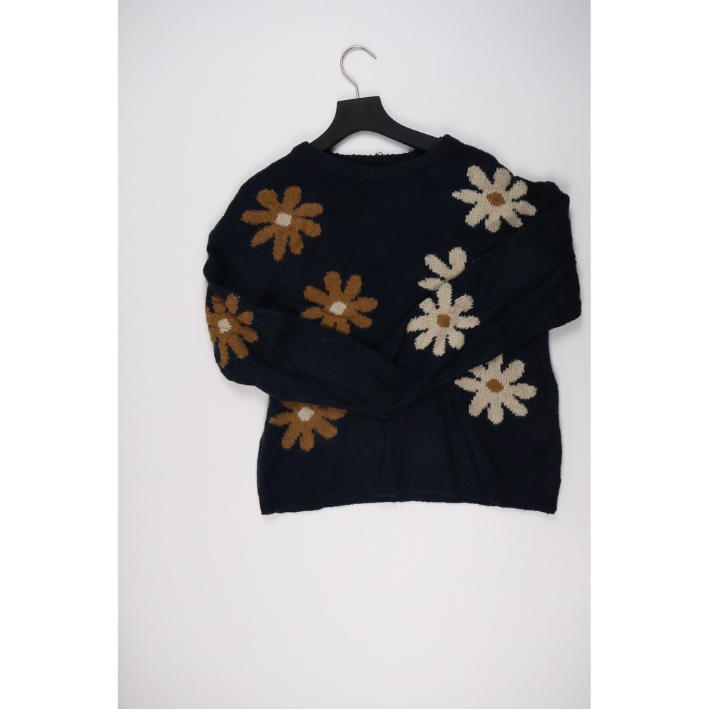 Sunday Floral Intarsia Knit Sweater Navy Blue Daisy Pattern Size M NWT